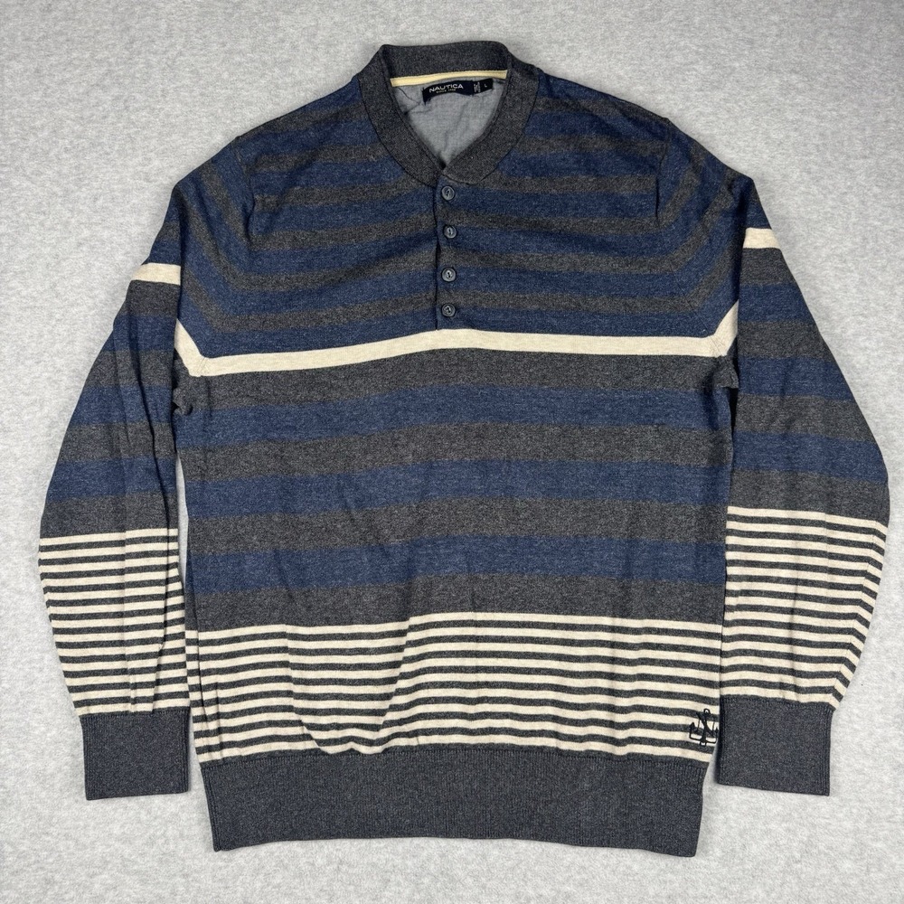 Nautica Mens Large Henley Sweater Blue Gray Striped Pullover Grandpa Casual